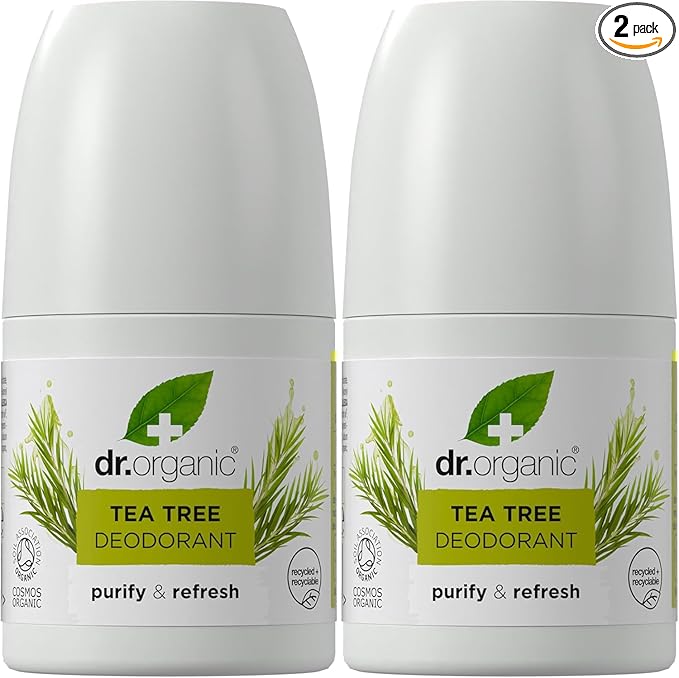 Dr Organic Tea Tree Deodorant Pack of 2 x 50ml - Roll On, Aluminium Free, Natural Deodorant, Vegan, Paraben & SLS-Free, Certified Organic, 50ml