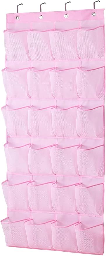 MISSLO Kids Over Door Hanging Shoe Storage Organiser Baby Organizer Hanging Shoe Rack Breathable 24 Large Mesh Pockets for Toddler Girl, Pink