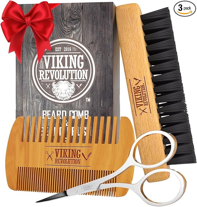 Viking Revolution - Beard Brush For Men - Natural Boar Bristle Brush And Dual Action Pear Wood Beard Combs With Velvet Travel Pouch - Mens Gifts - 3 Pieces