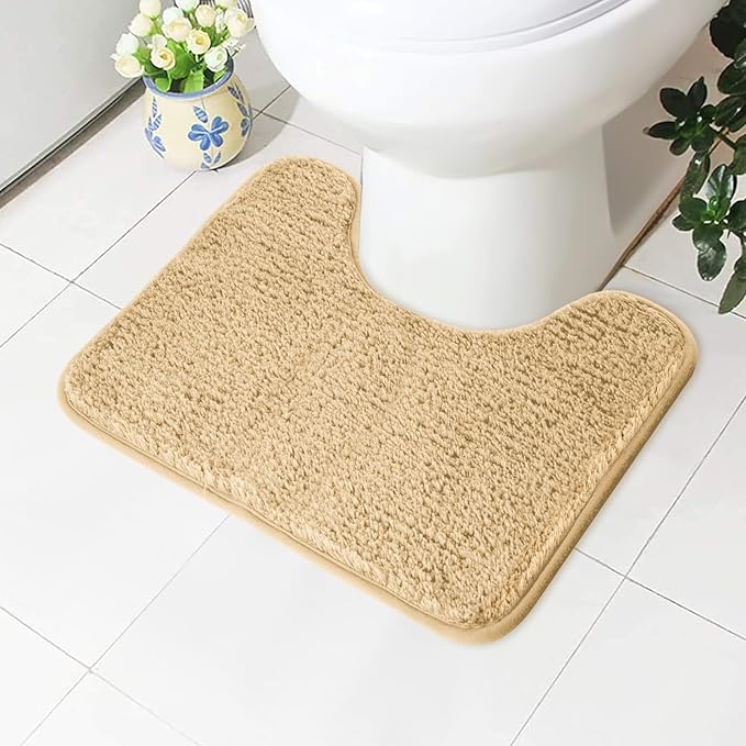 AUAUY Absorbent Toilet Mat, Non Slip Extra Soft Bathroom Pedestal Mat, Microfiber Fluffy Shaggy Toilet Rug, Machine-Washable Quick Dry Bath Mat for Bathroom, U-shape Thick Toilet Rug, 50x40cm(Beige)