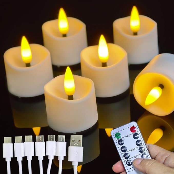 6 Packs Rechargeable Tea Lights, Flameless Battery Electric LED Candles with Remote Timer, Rechargeable Candles with USB-C Cable for Home Room Bedroom Halloween Christmas Decorations[Energy Class A+++]