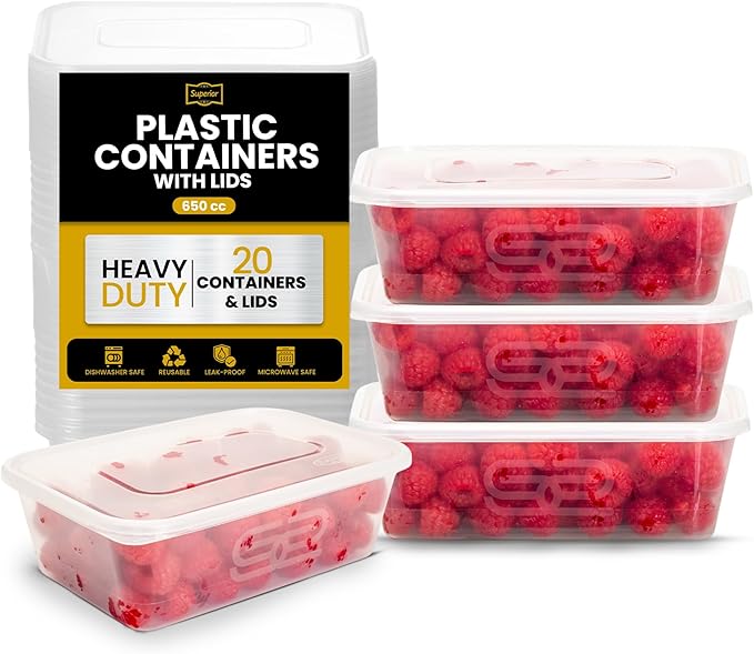 Superior Food Storage Containers with Lids – 20 Pack Durable 650ml Crack-Resistant Rectangular Food Containers with Lids -Microwave Safe Leak-Proof Takeaway Containers- Meal Prep & Food Storage