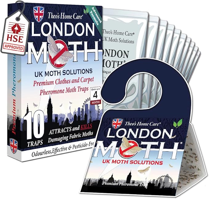 LONDON MOTH KILLER 10 (TEN) Premium Sticky Pheromone Moth Traps for the Common Clothes Moth and Similar Variants, for Wardrobes, Clothes and Carpets. inc. eBook