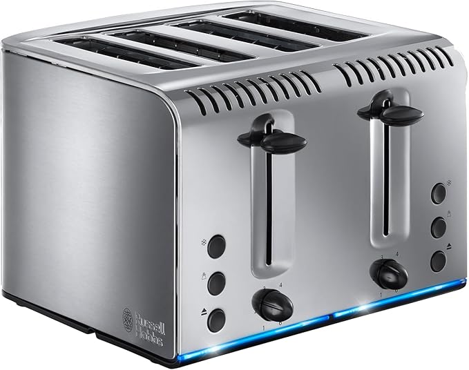 Russell Hobbs 4 Slice Buckingham Toaster with Fast Toast Technology - (Blue Light Strip indicates Toasting, Independent & Extra Wide Slots, 2400W, Polished & Brushed Stainless Steel) 20750