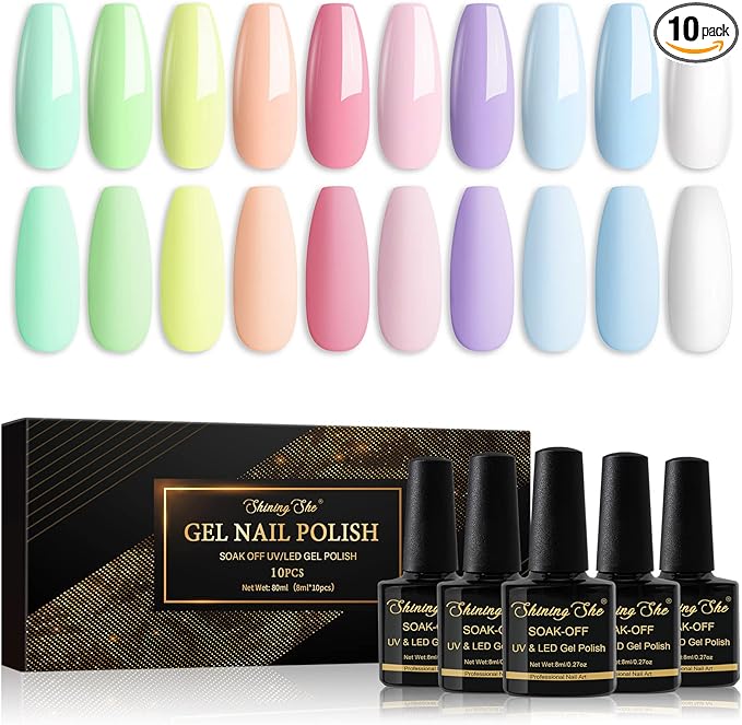 Shining She Gel Nail Polishes, 10 PCS Pastel Gel Nail Polish Set, Green Pink Purple Blue Gel Polish Soak-Off UV/LED Manicure for Women Nail Art Salon DIY Home, 8ML