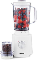 GEEPAS 2-in-1 Food Jug Blender | 1.6L Juice Jar & 100G Mini Coffee Spice Grinder 4-Leaf Stainless-Steel Blades 3 Speed & Pulse Safety Lock | Smoothie Maker for Ice Crushing 2 Year Warranty 650W White
