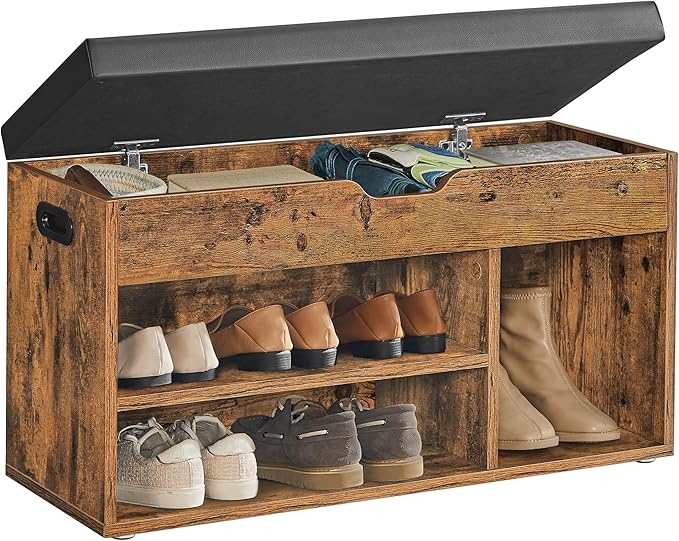 VASAGLE Shoe Bench with Cushion, Storage Bench with Padded Seat, 3 Compartments, Hidden Storage, Shelves, Living Room Lounge Hallway Bedroom, Load Capacity 150 kg, Rustic Brown LHS30BX