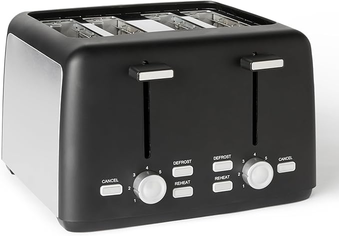 Amazon Basics Toaster 4 Slice with 7 Shade Settings and Removable Crumb Tray, Extra Wide Slots, 1500W, Black