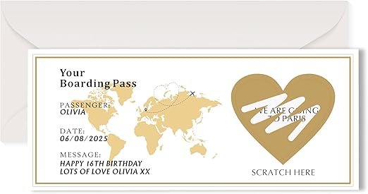 Personalised Holiday Scratch Card Reveal Surprise Boarding Pass Scratch Card Reveal Gifts Personalised Scratch-Off Stickers Gift Greeting Cards for Women Men Spouse Family Lover (Design 1)