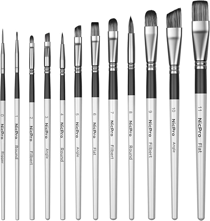 Nicpro 12 PCS Artist Paint Brush Set, Craft Paint Brushes for Acrylic Painting, Oil, Watercolour, Gouache, Tempera, Face, Body, Fabric, Leather, Model, Art Supplies Paintbrushes for Artists Beginners