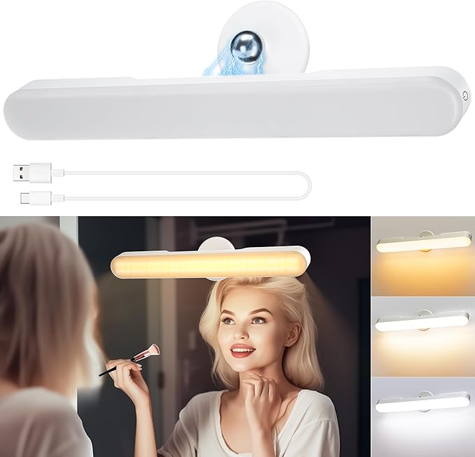 Makeup Mirror Lights Stick On Mirror, 4000mAH Rechargeable Battery Operated Dressing Table Lights, Touch Make Up Vanity Lights, Screw-Free Portable LED Lamp Bathroom Lighting USB Light Bulb[Energy Class A]