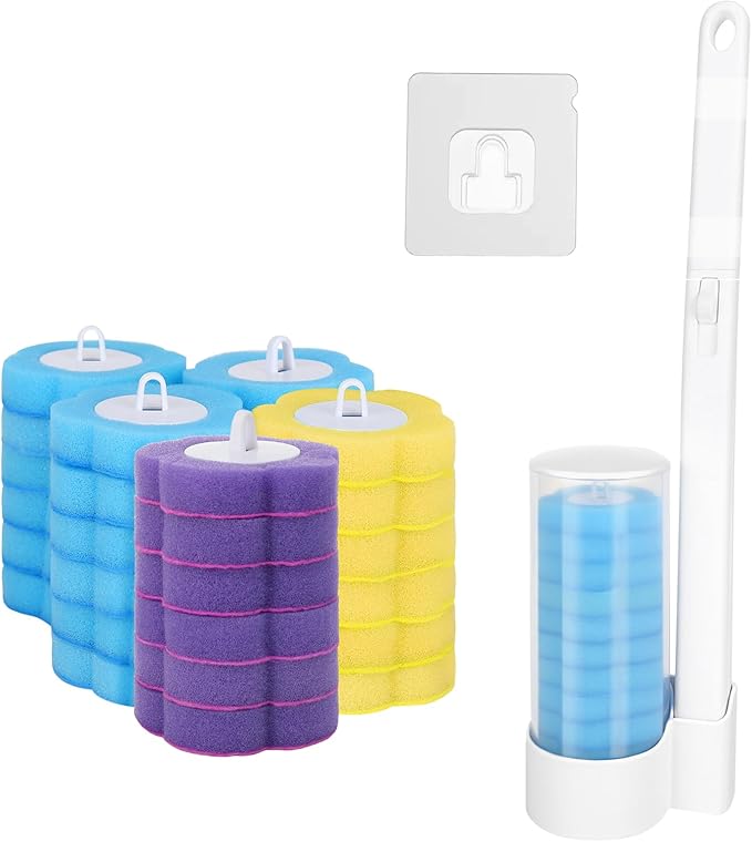 32Pcs Toilet Brush Replacement Head with Handle, Disposable Toilet Brush Cleaning System, Wall-mounted Holder Cleaner Set Disposable Toilet Wand Kit for Home Bathroom Kitchen