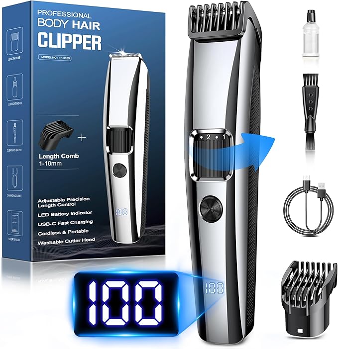 Beard Trimmer Men, Electric Shavers with 1-10 mm Zoom Wheel, Cordless Hair Clippers with Battery Indicator, Electric Razor USB Rechargeable, All-in-one Kit for Face & Body Grooming, Silver