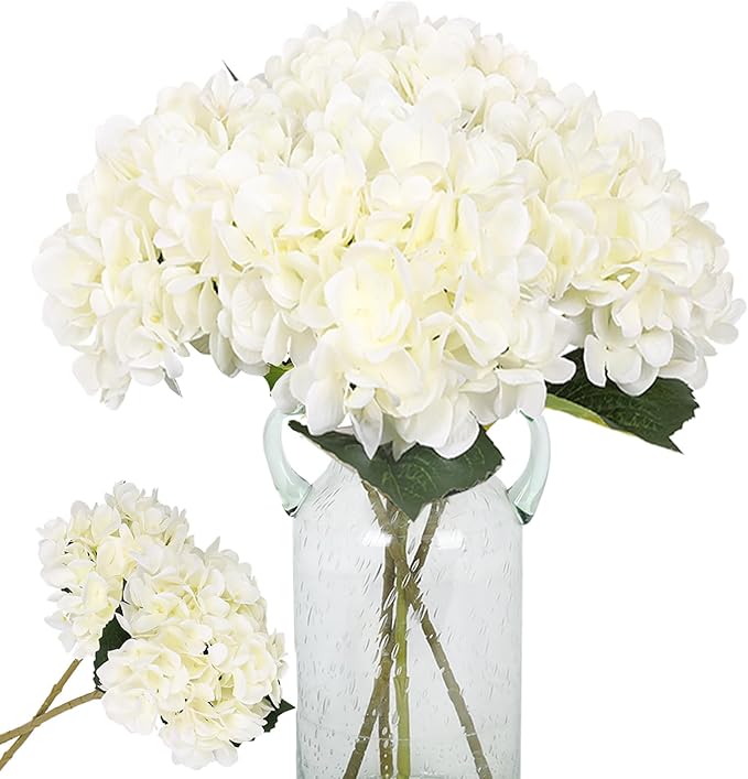Kisflower 6Pcs Silk Hydrangea Artificial Flowers Realistic Hydrangea Flowers Bouquet for Wedding Party Office Home Decor (White)