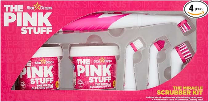 Stardrops - The Pink Stuff - The Miracle Scrubber Kit - 2 Tubs of The Miracle Cleaning Paste With Electric Scrubber Tool and 4 Cleaning Brush Heads