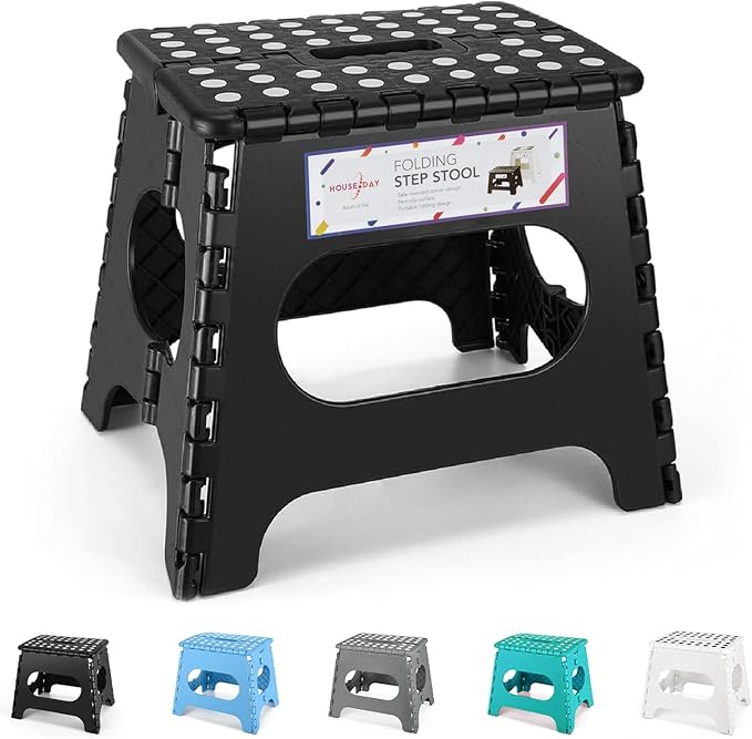 HOUSE DAY Heavy Duty Plastic Step Stool, 11 inch, Black - Foldable, Sturdy, Skid Resistant, Kitchen, Bathroom Stool, 300 lbs Capacity