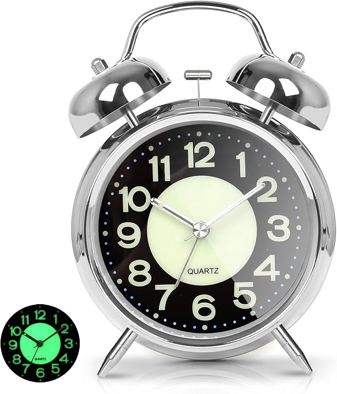 Loud Alarm Clock for Heavy Sleepers, Retro Twin Bell Design, 4-Inch Silent Non-Ticking Quartz Clock with Light and Luminous Dial,Perfect for Bedside and Bedrooms (Silver)