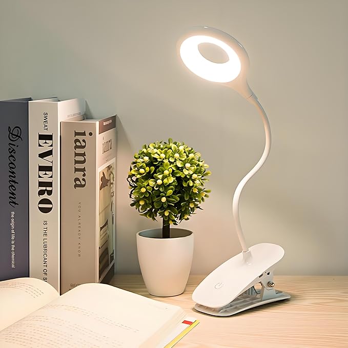 Desk Lamp Clip on Reading Light, Dorm Room Essential Clip on Light Wall-Mounted, Portable Desk Lights Mini Table Lamp, Small Bedside Lamp with Clamp, Rechargeable Reading Lights for Books Dorm Makeup[Energy Class A]