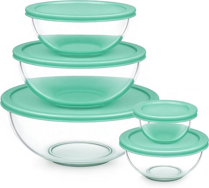 Vtopmart Glass Mixing Bowls with Lids, Set of 5 Borosilicate Glass Salad Bowl, Nesting Kitchen Serving Bowls for Prep, Cooking, Baking, Microwave Freezer Dishwasher Safe (0.2/0.5/1.0/2.0/3.5 L)