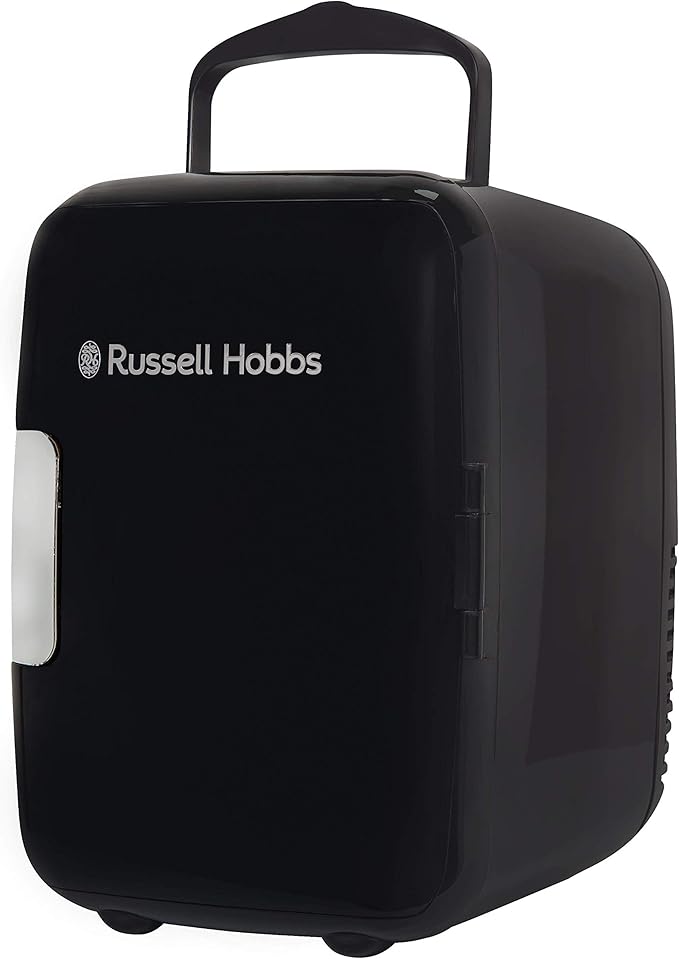 Russell Hobbs Mini Cooler RH4CLR1001B 4L/6 Can Portable Mini Cooler & Warmer for Drinks, Cosmetics/Makeup/Skincare, AC/DC Power, Retro Style, Black, For Bedroom, Home, Caravan, Car[Energy Class A+]