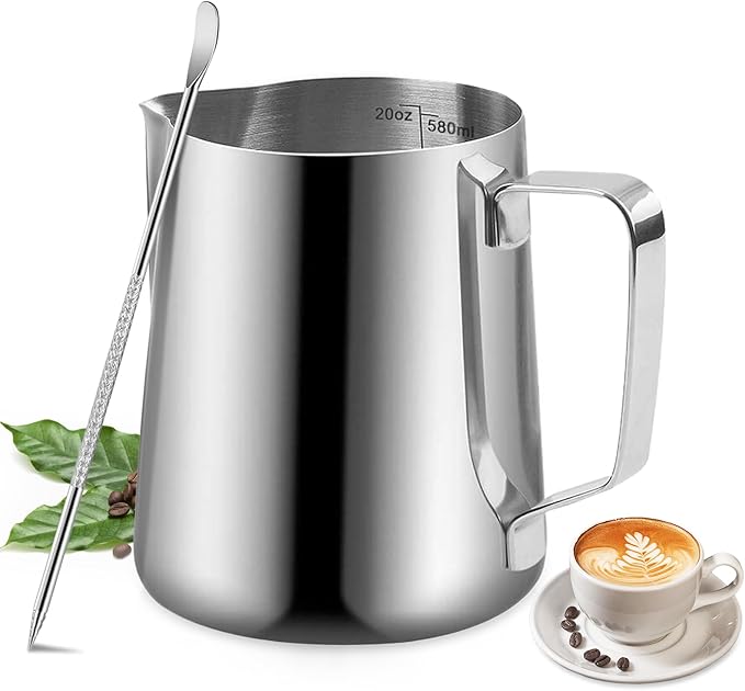 Milk Frothing Pitcher - 20oz/600ml Milk Frother Cup Stainless Steel Jug Steaming Pitcher, Milk Coffee Cappuccino Latte Art Barista Steam Pitchers Milk Jug Cup with Decorating Pen
