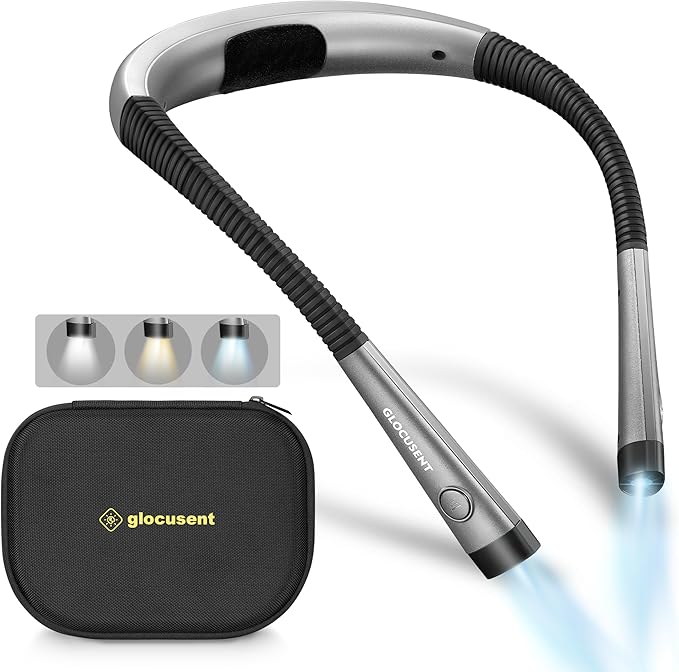 Glocusent Reading Light Book Light, Orignal Neck Light with 3 Colors & 6 Brightness Levels, Bendable Arms, Rechargeable Book Lamp, Long Lasting, Perfect for Reading, Knitting, Camping (with EVA Box)