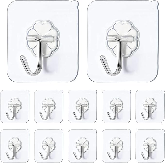 Self Adhesive Hooks,12 PCS Heavy Duty Door Wall Adhesive Hooks for Kitchen, Bathroom, Office, Closet, Hanging Coat Cloth Towel Key Decorations