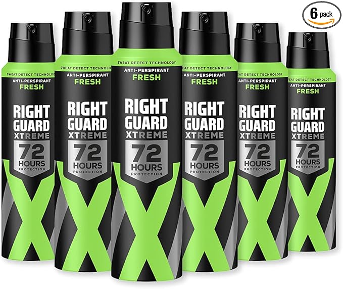 Right Guard Mens Deodorant, Xtreme Fresh 72H High-Performance Anti-Perspirant Spray, Multipack 6 x 150 ml