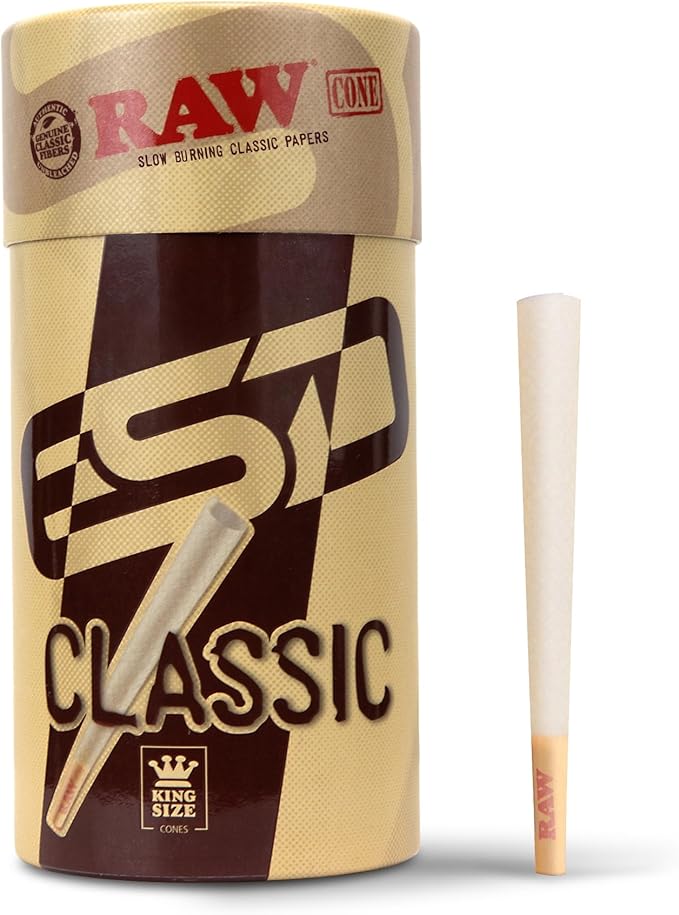 RAW Cones Classic King Size | 100 Pack | Natural Pre Rolled Rolling Paper with Tips & Packing Sticks Included