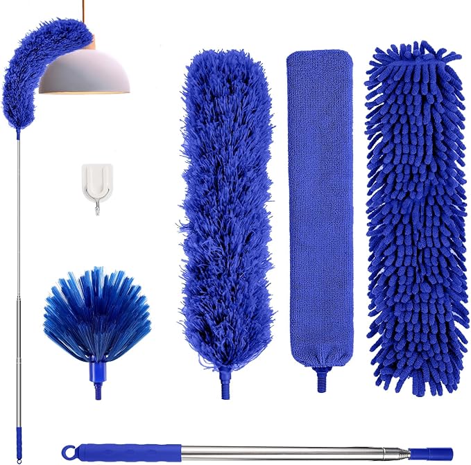 Feather Duster,7 PCS Extendable Duster with Extension Pole Up to 100 Inch, Reusable Bendable Cobweb, Washable Long Duster for Cleaning Ceiling Fan,High Ceiling,Furniture