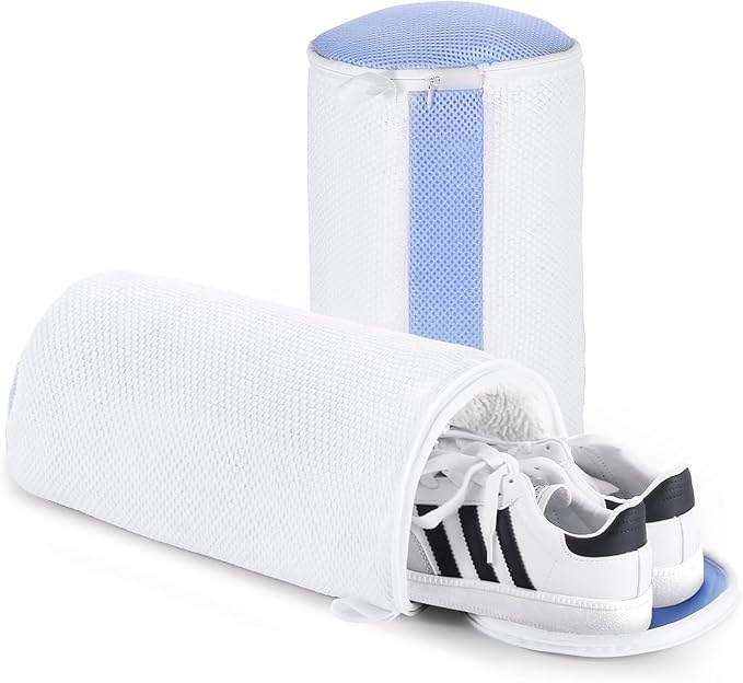 Shoe Washing Machine Bag 2Pcs, Fluffy Fibers Keep 360° Wrap-around Cleaning, Trainer Washing Machine Bag Durable Hidden Zipper Reusable for Shoes and Clothing, for Sneakers, dolls（White)