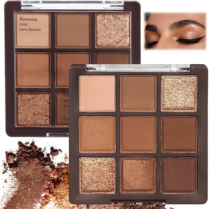 1pcs Brown Eyeshadow Palette, Matte and Shimmer Neutral 9-Color Eye Shadow Palette with Nude Gold Eyeshadow - Multipurpose, Highly Pigmented Cream Eyeshadows with Bronzer & Contour