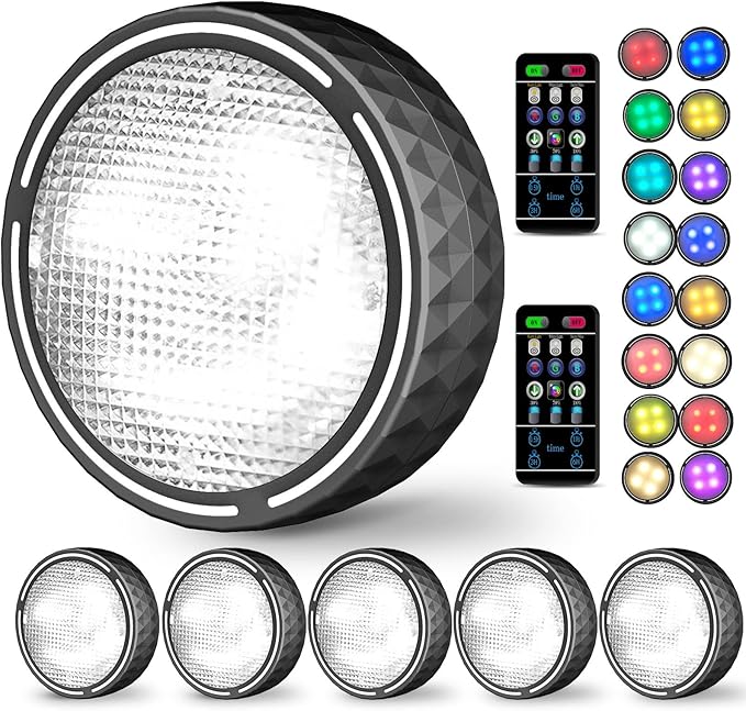 Under Cabinet Lights,Bawoo RGBW Wireless LED Puck Lights Remote Control,3500/4500/6000K Dimmable Battery Powered Atmosphere Night Light for Kitchen Wardrobe Cupboard Color Changing,6 Pack (Black)