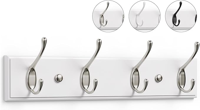 LARHN White Coat Hooks Wall Mounted Coat Rack - 4 Matt-Nickel Wall Hooks - 42 cm - All Fixings Included for Quick & Easy Installation