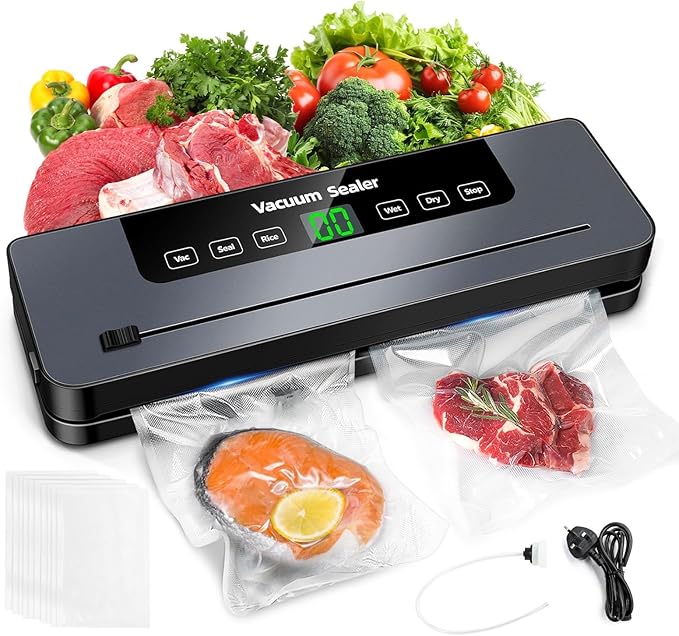 6 in 1 Vacuum Sealer Machine, 30cm Longer Seal Food Sealer with 50Pcs Vacuum Sealer Bags for Vac/Seal/Rice/Wet/Dry Mode, Built-in Cutter and Visible LED Digital Countdown Display