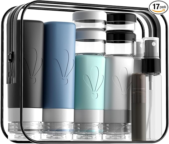 INSFIT 17 Pack Travel Bottles for Toiletries, CAA Approved Travel Size Containers with Labels, BPA Free Leak Proof Squeezable Silicone Travel Toiletries for Shampoo Conditioner Lotion Body Wash