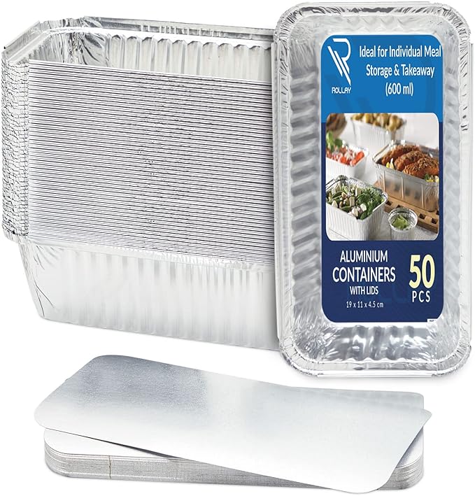 50 Pack Aluminium Foil Food Containers with Lids 600ml - Tin Foil Trays with Lids for Food Storage, Baking, Roasting, Takeaway, and Party - Disposable Food Storage Containers