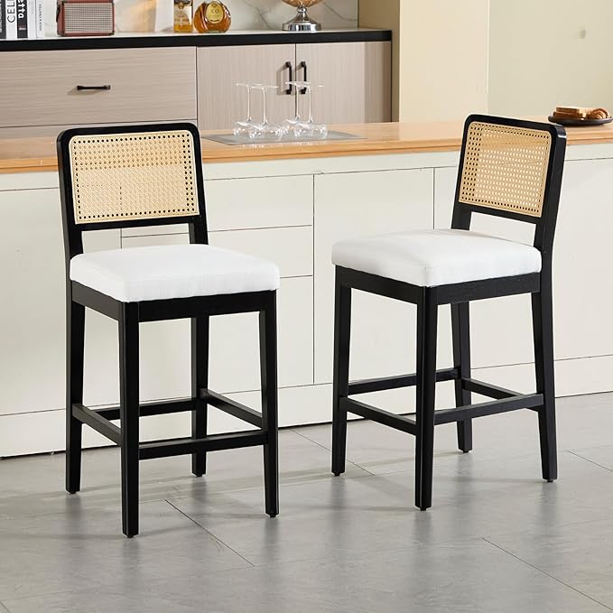 Breakfast Bar Stools Set of 2 Mid Century Wood Bar Chairs with Rattan Backrest Counter Height Stools for Kitchen Island，Black