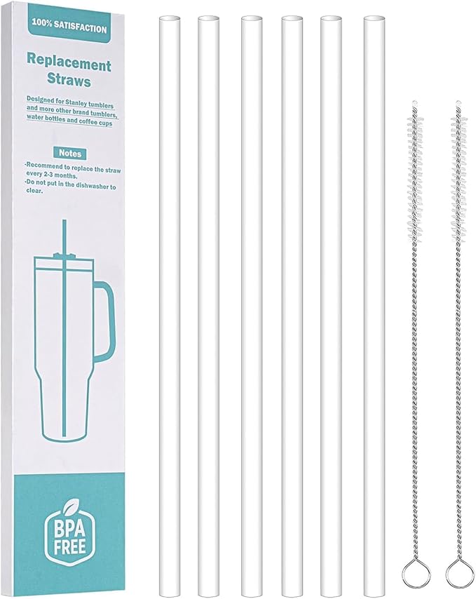 Replacement Straw for Stanley 40 oz 30 oz Cup Tumbler, 6 Pack 12 inch Extra Long Reusable PETG Clear Straws with 2 Cleaning Brush for Stanley Adventure Quencher Travel Tumbler