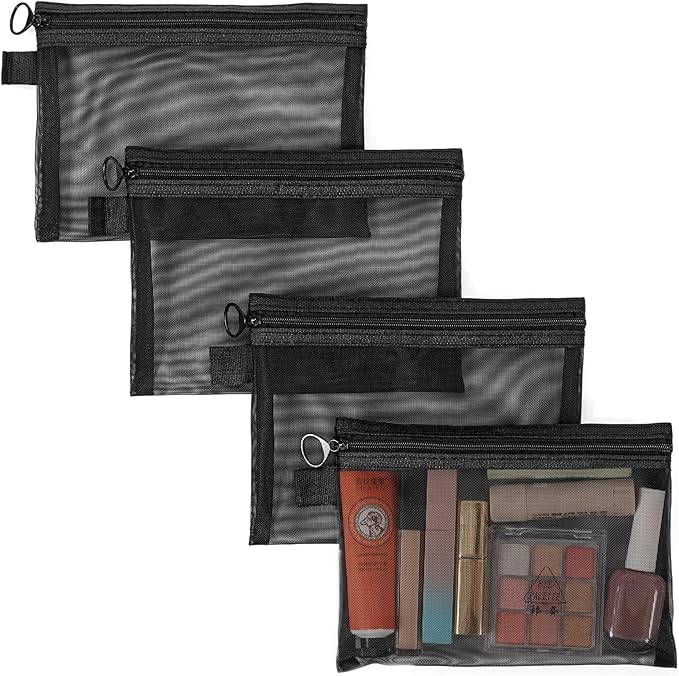 4Pcs Small Make Up Bag, Mesh Makeup Bags for Handbag, Cosmetic Pouch with Zipper, See Through Bag Organiser Pouches for Toiletries, Holiday Travel Essentials for Women Men (Black)