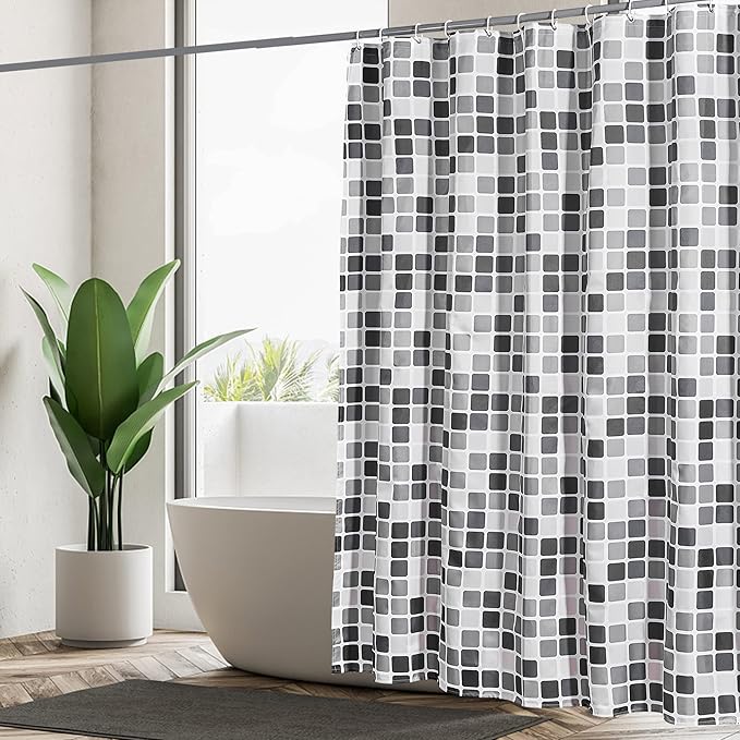 GERUIKE Weighted Shower Curtain 180 x 200 cm, Waterproof Anti-Mould Textile 130GSM Polyester Fabric, Machine Washable with 12 Rings & Black Grey White Mosaic Pattern