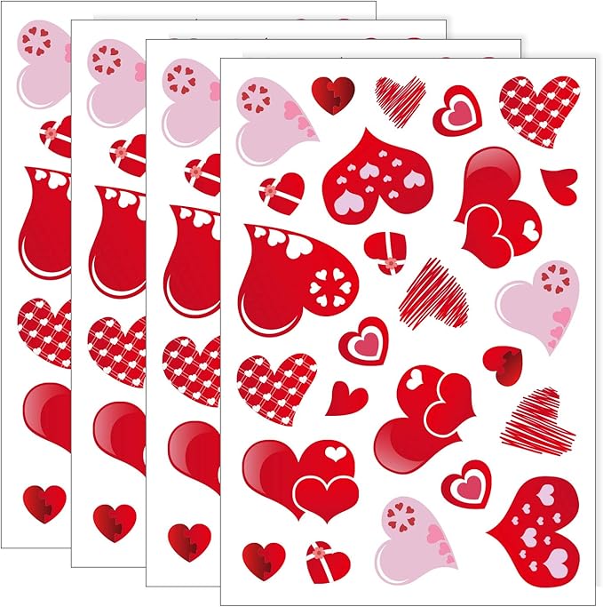 TUPARKA 4 Sheets 100Pcs Hearts-Shape Valentine's Day Window Clings for Valentine's Decoration Wedding Party Birthday Party Supplies