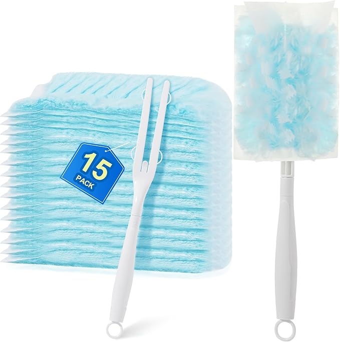 15Pack Duster Refills Compatible with Flash Dusters, Multi Surface 180 Degree Disposable Dusters Refills with Handle, Duster for Cleaning Furniture, Office, Blinds, Car