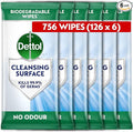 Dettol Antibacterial Cleansing Surface Wipes, Fragrance Free, 756 Wipes (126 x 6pck) Large Value, Disinfectant, Home Hygiene, Biodegradable, Kills 99.9 Percent of Germs