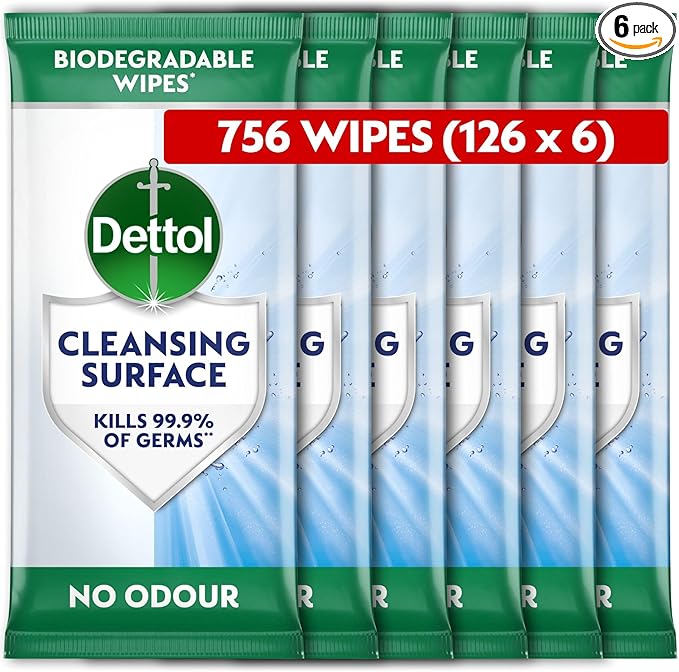 Dettol Antibacterial Cleansing Surface Wipes, Fragrance Free, 756 Wipes (126 x 6pck) Large Value, Disinfectant, Home Hygiene, Biodegradable, Kills 99.9 Percent of Germs