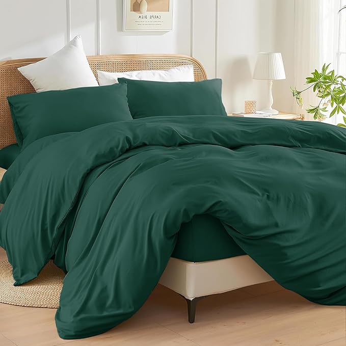 Double Size Duvet Cover Sets (Emerald) - 3 Pcs Brushed Microfiber Plain Dyed Quilt Cover - Bedding Set with Button Closure Include 1 Duvet Cover & 2 Pillowcases
