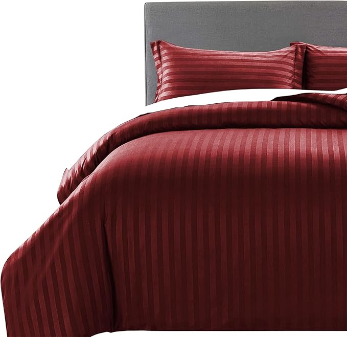 MOONLIGHT20015 Double Duvet Set Reversible Stripes Satin Double Bedding Set with 2 Pillowcases Soft Hypoallergenic Duvet Cover (Burgundy 200x200 CM)