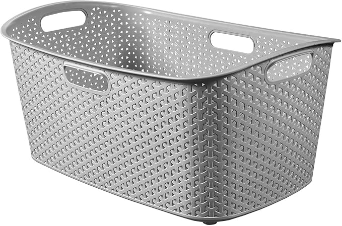 CURVER, My Style Rattan Laundry Basket, Slim Tall Plastic Hamper with Handles, Lightweight & Easy to Clean, 47L, Grey
