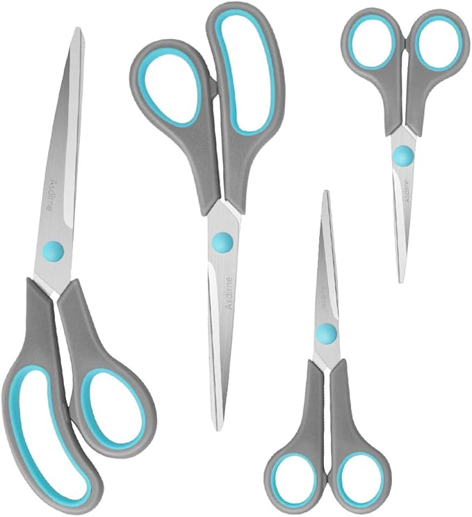 Scissors, Stainless Steel Blades, Soft Grip Handle, Suitable for Households,Offices and Schools, Blue/Grey, 4 pcs/Pack
