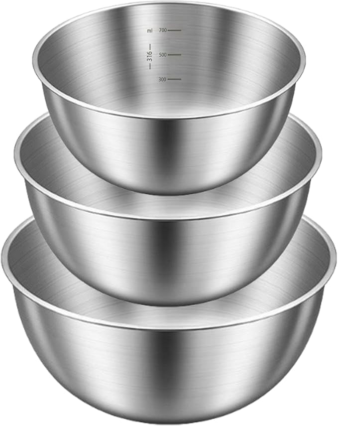 Stainless Steel Mixing Bowls Set,3 Pcs (23cm/20cm/17cm),Duty One-Piece Construction,Non-Slip Bottom,Brushed Finish,Ideal as Mixing Bowls for Baking,Dough Kneading,Salad & Food Prep